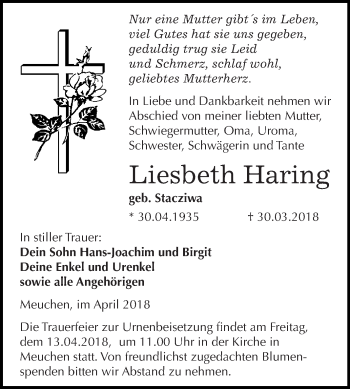 Traueranzeige von Liesbeth Haring von WVG - Wochenspiegel NMB / WSF / ZTZ
