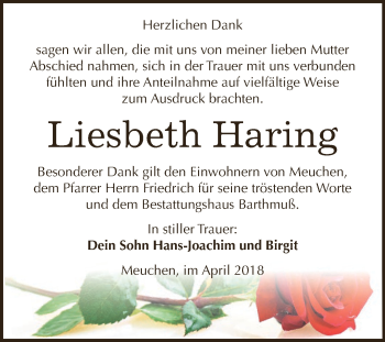 Traueranzeige von Liesbeth Haring von WVG - Wochenspiegel NMB / WSF / ZTZ