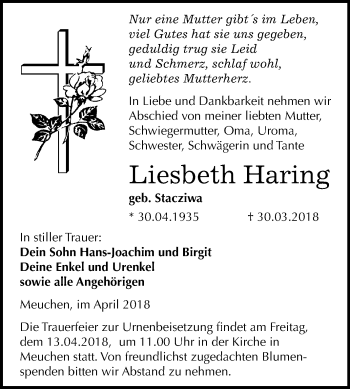 Traueranzeige von Liesbeth Haring von Mitteldeutsche Zeitung Weißenfels