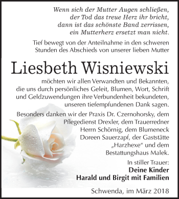 Traueranzeige von Liesbeth Wisniewski von Mitteldeutsche Zeitung