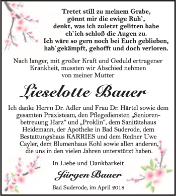 Traueranzeige von Lieselotte Bauer von WVG - Wochenspiegel Quedlinburg