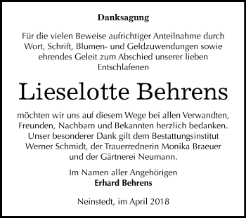 Traueranzeige von Lieselotte Behrens von Mitteldeutsche Zeitung