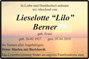 Traueranzeige von Lieselotte Berner von Super Sonntag Quedlinburg