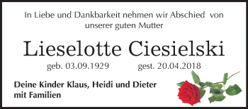 Traueranzeige von Lieselotte Ciesielski von Mitteldeutsche Zeitung