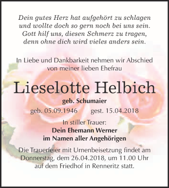 Traueranzeige von Lieselotte Helbich von WVG - Wochenspiegel Bitterfeld