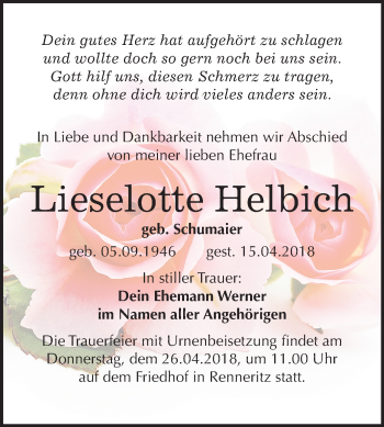 Traueranzeige von Lieselotte Helbich von Mitteldeutsche Zeitung Bitterfeld
