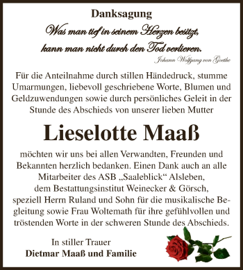 Traueranzeige von Lieselotte Maaß von Super Sonntag Bernburg