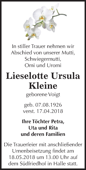 Traueranzeige von Lieselotte Ursula Kleine von Mitteldeutsche Zeitung Halle/Saalkreis