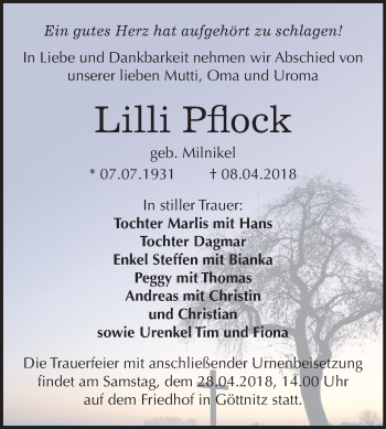 Traueranzeige von Lilli Pflock von Mitteldeutsche Zeitung Bitterfeld