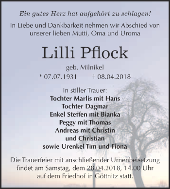 Traueranzeige von Lilli Pflock von WVG - Wochenspiegel Bitterfeld