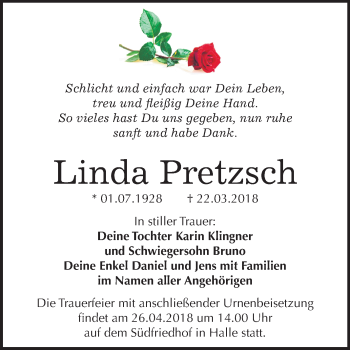 Traueranzeige von Linda Pretzsch von Mitteldeutsche Zeitung Bitterfeld
