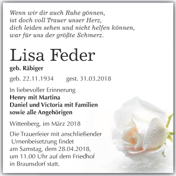 Traueranzeige von Lisa Feder von WVG - Wochenspiegel Wittenberg
