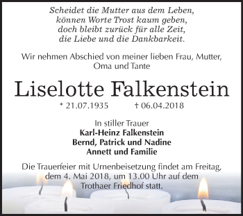 Traueranzeige von Liselotte Falkenstein von Mitteldeutsche Zeitung Halle/Saalkreis
