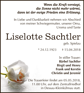 Traueranzeige von Liselotte Sachtler von WVG - Wochenspiegel Dessau / Köthen