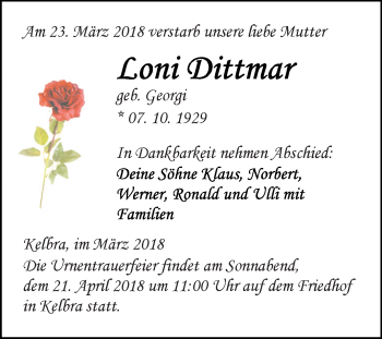 Traueranzeige von Loni Dabinar von Super Sonntag SGH Mansf. Land