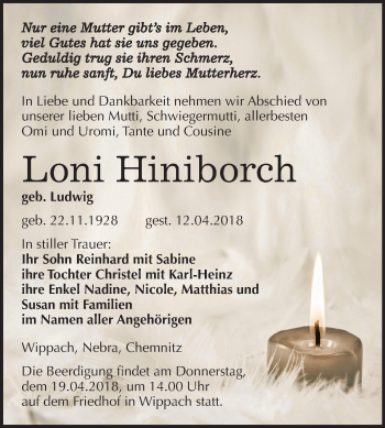 Traueranzeige von Loni Hiniborch von Mitteldeutsche Zeitung