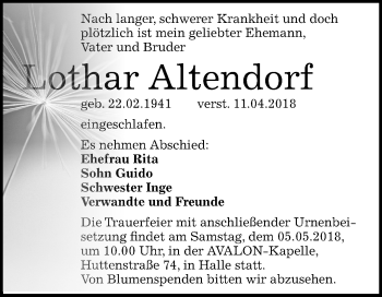 Traueranzeige von Lothar Altendorf von Mitteldeutsche Zeitung Halle/Saalkreis