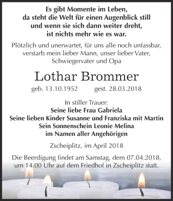 Traueranzeige von Lothar Brommer von WVG - Wochenspiegel NMB / WSF / ZTZ