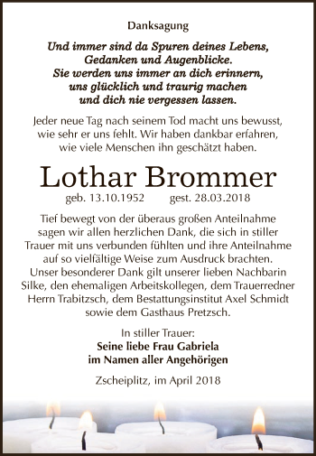 Traueranzeige von Lothar Brommer von WVG - Wochenspiegel NMB / WSF / ZTZ