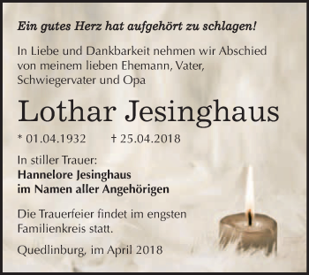 Traueranzeige von Lothar Jesinghaus von WVG - Wochenspiegel Quedlinburg