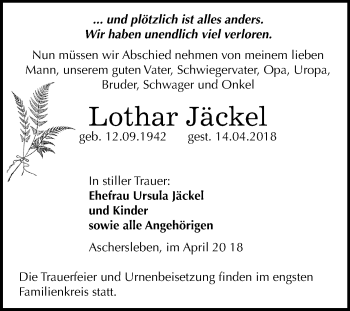 Traueranzeige von Lothar Jäckel von Mitteldeutsche Zeitung Aschersleben