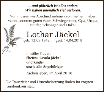 Traueranzeige von Lothar Jäckel von Super Sonntag Aschersleben