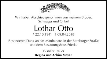Traueranzeige von Lothar Otto von Mitteldeutsche Zeitung Dessau-Roßlau