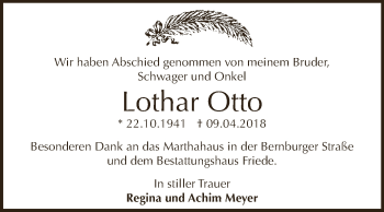 Traueranzeige von Lothar Otto von WVG - Wochenspiegel Dessau / Köthen