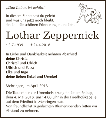 Traueranzeige von Lothar Zeppernick von Super Sonntag Aschersleben