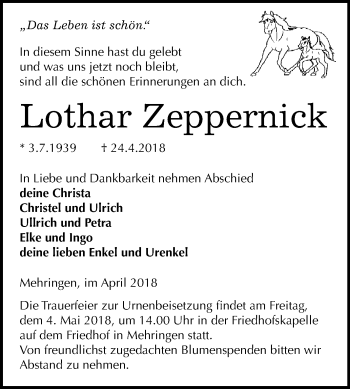 Traueranzeige von Lothar Zeppernick von Mitteldeutsche Zeitung