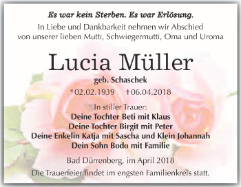 Traueranzeige von Lucia Müller von Super Sonntag Merseburg