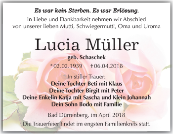 Traueranzeige von Lucia Müller von Mitteldeutsche Zeitung Merseburg/Querfurt