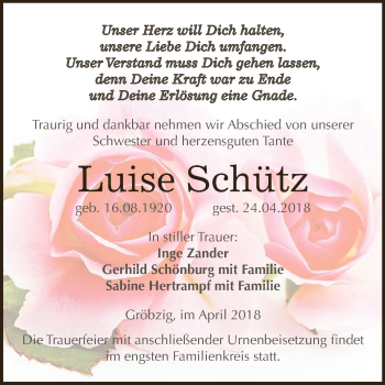 Traueranzeige von Luise Schütz von WVG - Wochenspiegel Dessau / Köthen