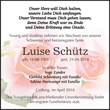 Traueranzeige von Luise Schütz von Mitteldeutsche Zeitung Köthen