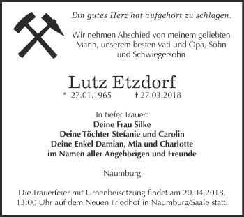 Traueranzeige von Lutz Etzdorf von WVG - Wochenspiegel NMB / WSF / ZTZ