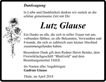 Traueranzeige von Lutz Glause von Super Sonntag Quedlinburg