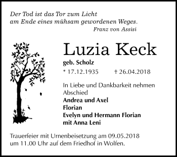 Traueranzeige von Luzia Keck von Mitteldeutsche Zeitung Bitterfeld
