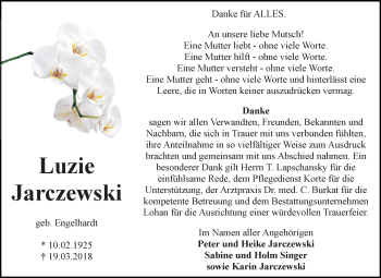 Traueranzeige von Luzie Jarczewski von Mitteldeutsche Zeitung Bitterfeld
