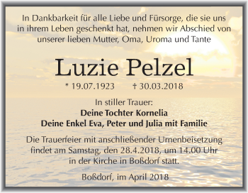 Traueranzeige von Luzie Pelzel von Mitteldeutsche Zeitung
