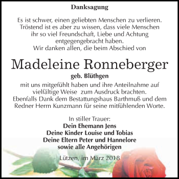 Traueranzeige von Madeleine Ronneberger von WVG - Wochenspiegel NMB / WSF / ZTZ