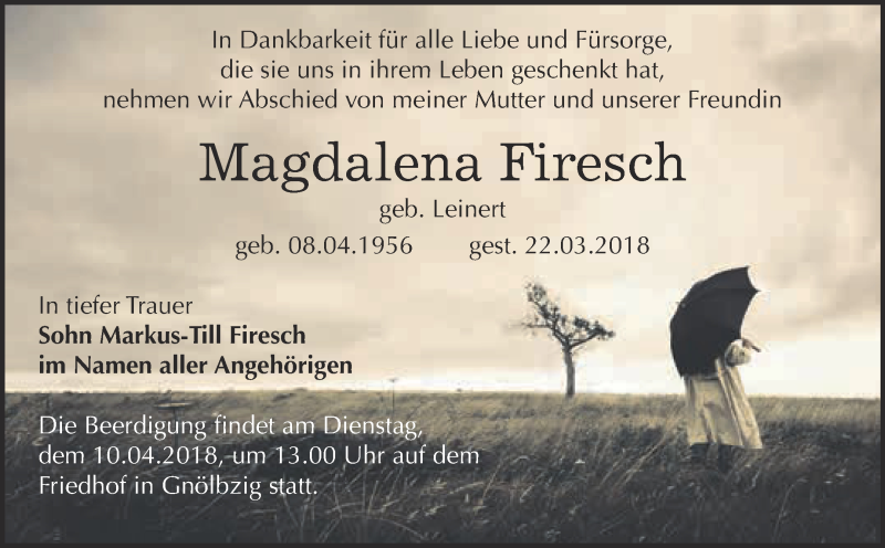  Traueranzeige für Magdalena Firesch vom 07.04.2018 aus Super Sonntag Bernburg