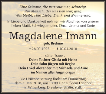 Traueranzeige von Magdalene Imann von Mitteldeutsche Zeitung Sangerhausen