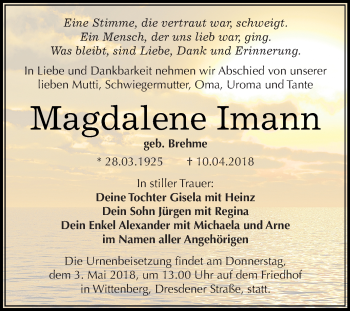 Traueranzeige von Magdalene Imann von Super Sonntag Wittenberg