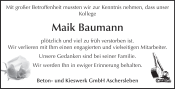 Traueranzeige von Maik Baumann von WVG - Wochenspiegel Aschersleben