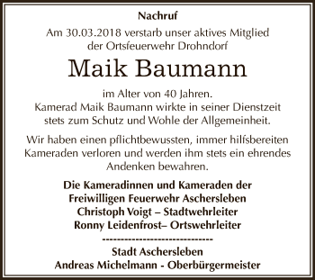 Traueranzeige von Maik Baumann von Super Sonntag Aschersleben