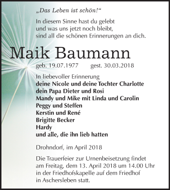 Traueranzeige von Maik Baumann von Mitteldeutsche Zeitung Aschersleben