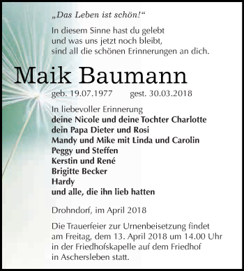 Traueranzeige von Maik Baumann von Super Sonntag Aschersleben