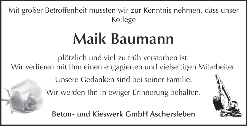  Traueranzeige für Maik Baumann vom 14.04.2018 aus WVG - Wochenspiegel Aschersleben