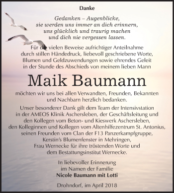 Traueranzeige von Maik Baumann von Mitteldeutsche Zeitung Aschersleben