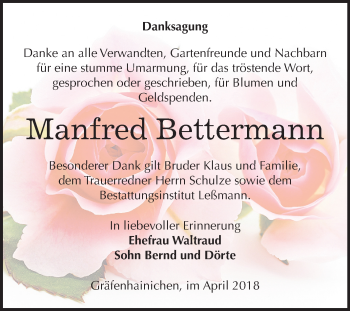 Traueranzeige von Manfred Bettermann von Mitteldeutsche Zeitung